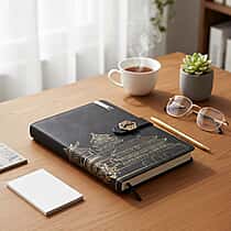 Set of 2 A5 Notebook & Black Ink Pen Gift Set - Sandalwood Palace Design with Magnetic Clasp - Black & Gold