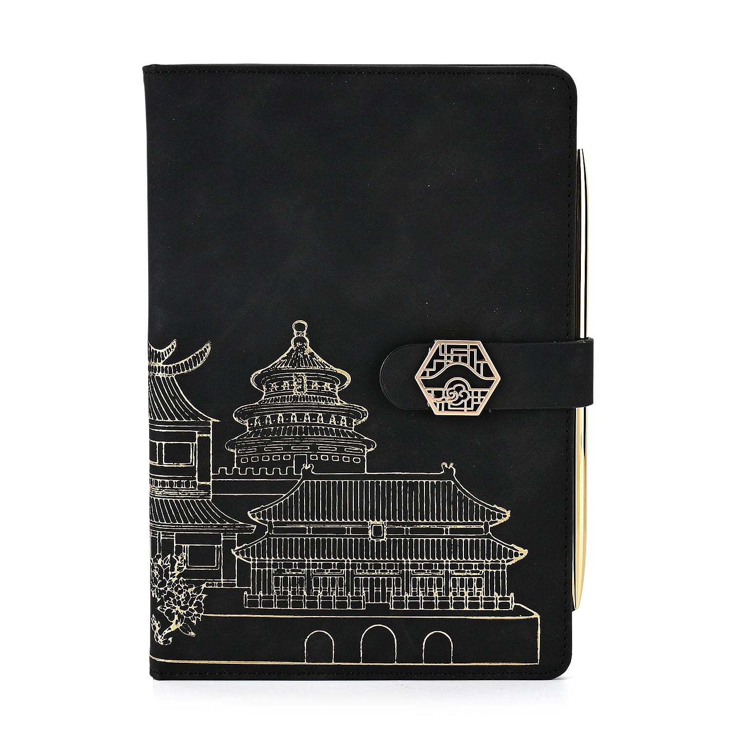 Set of 2 A5 Notebook & Black Ink Pen Gift Set - Sandalwood Palace Design with Magnetic Clasp - Black & Gold