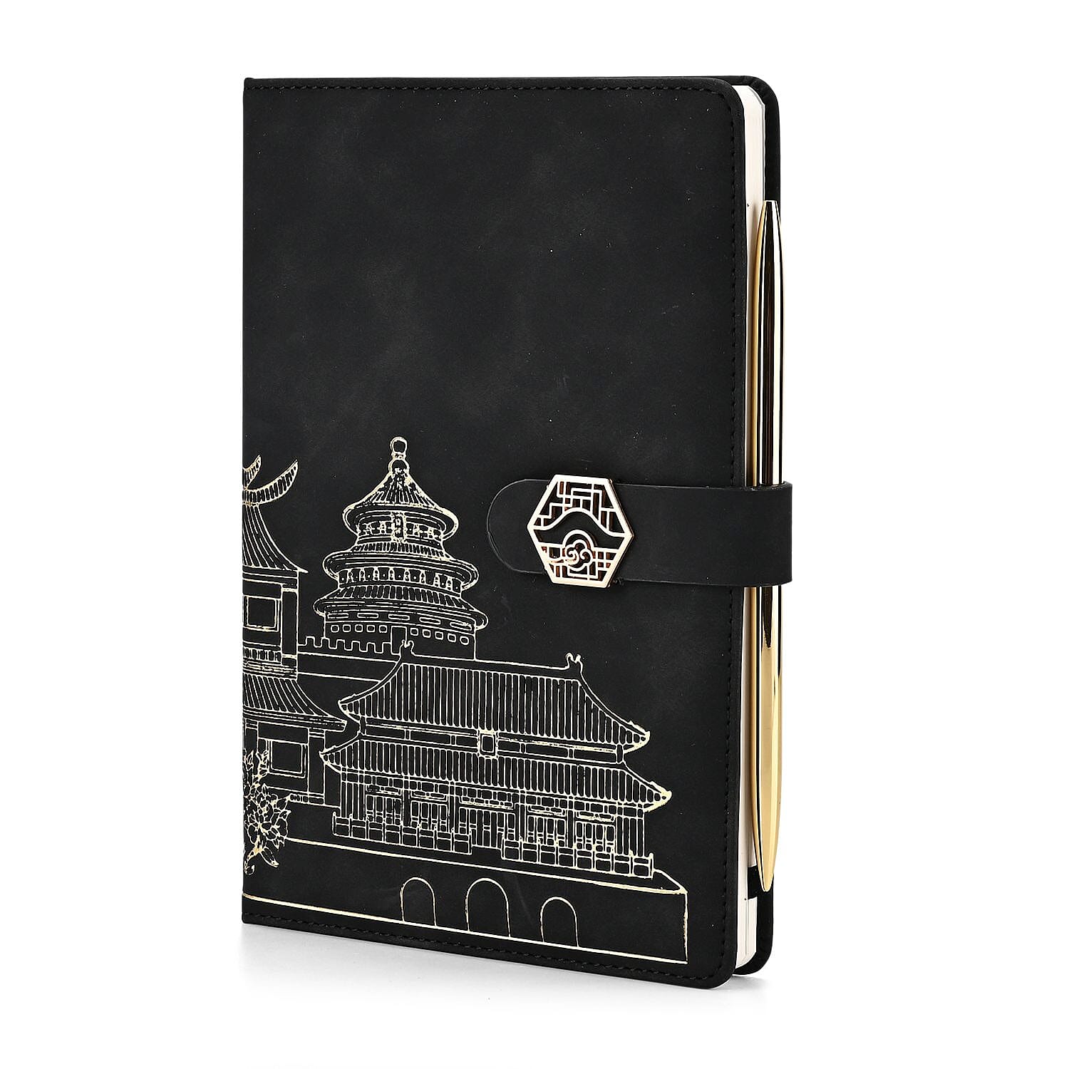 Set of 2 A5 Notebook & Black Ink Pen Gift Set - Sandalwood Palace Design with Magnetic Clasp - Black & Gold