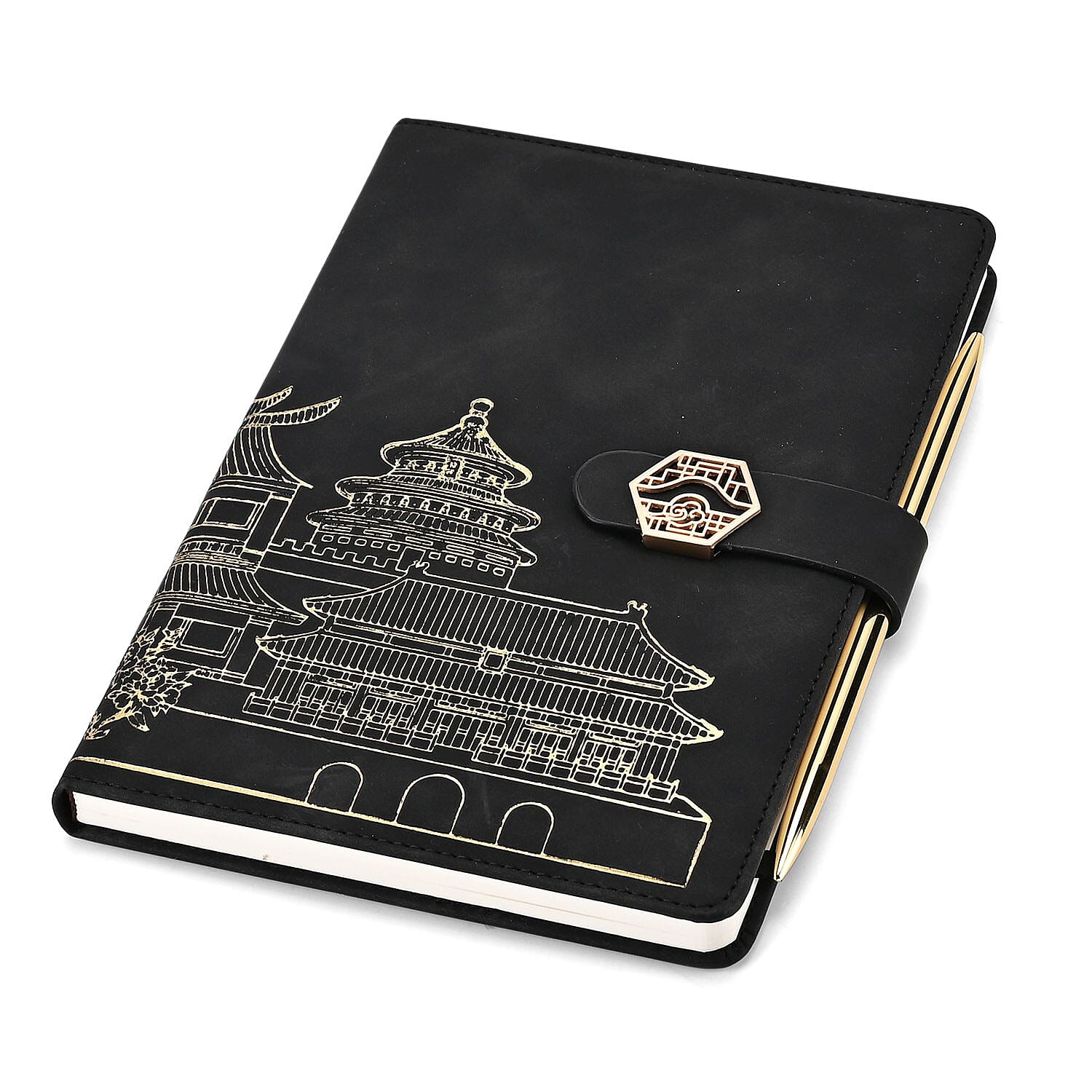 Set of 2 A5 Notebook & Black Ink Pen Gift Set - Sandalwood Palace Design with Magnetic Clasp - Black & Gold
