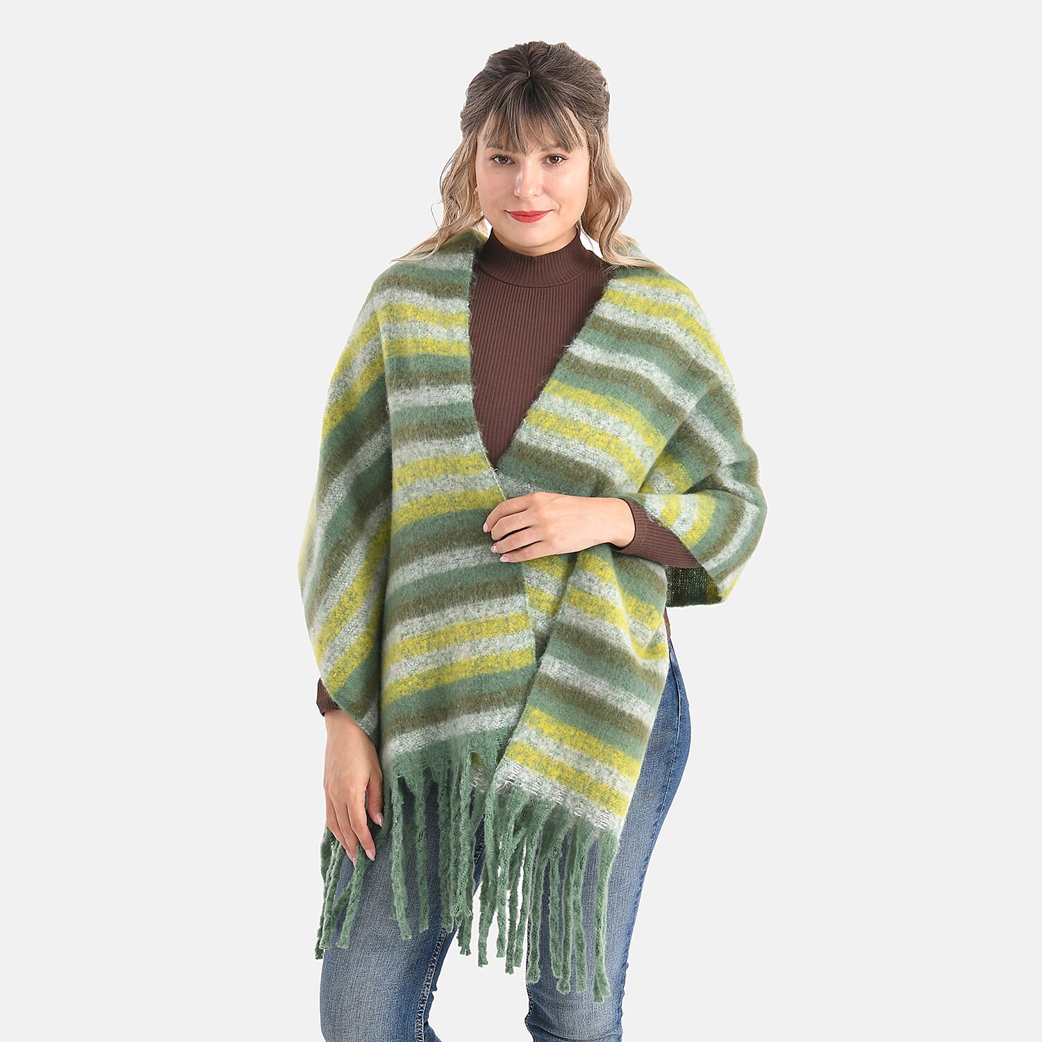 Striped Soft Touch Large Shawl with Tassel (180 x 50 cm) - Green