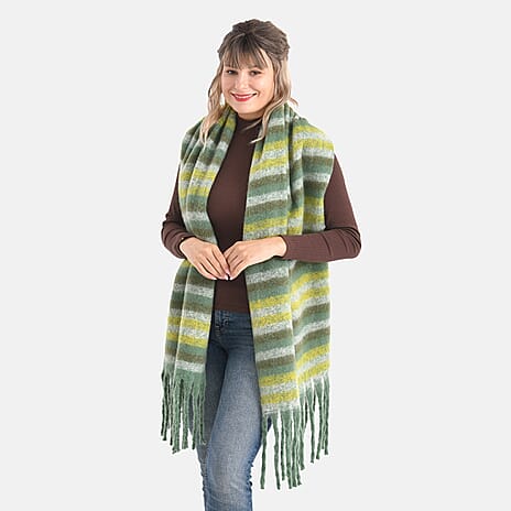 Striped Soft Touch Large Shawl with Tassel (180 x 50 cm) - Green