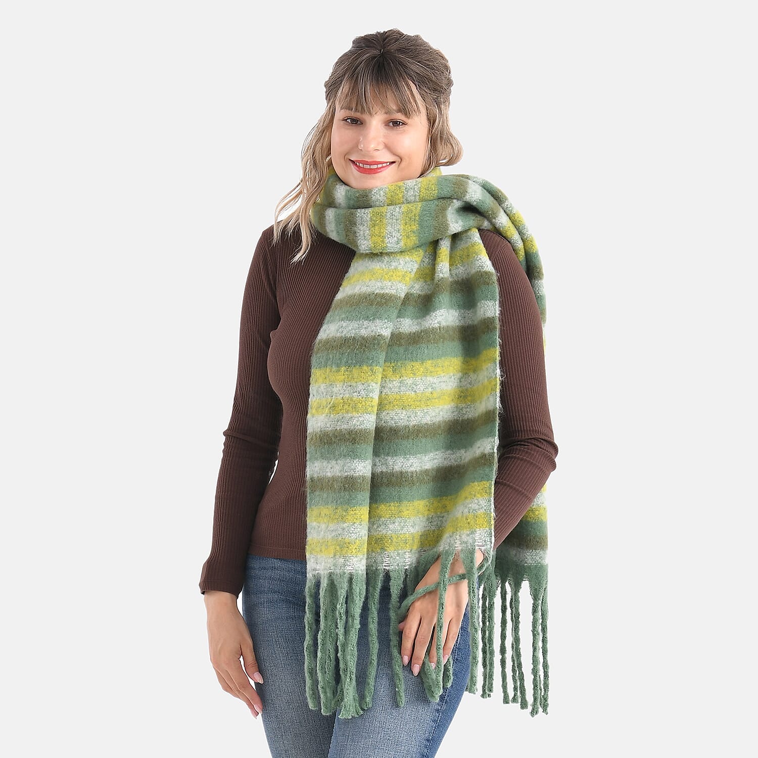 Striped Soft Touch Large Shawl with Tassel (180 x 50 cm) - Green