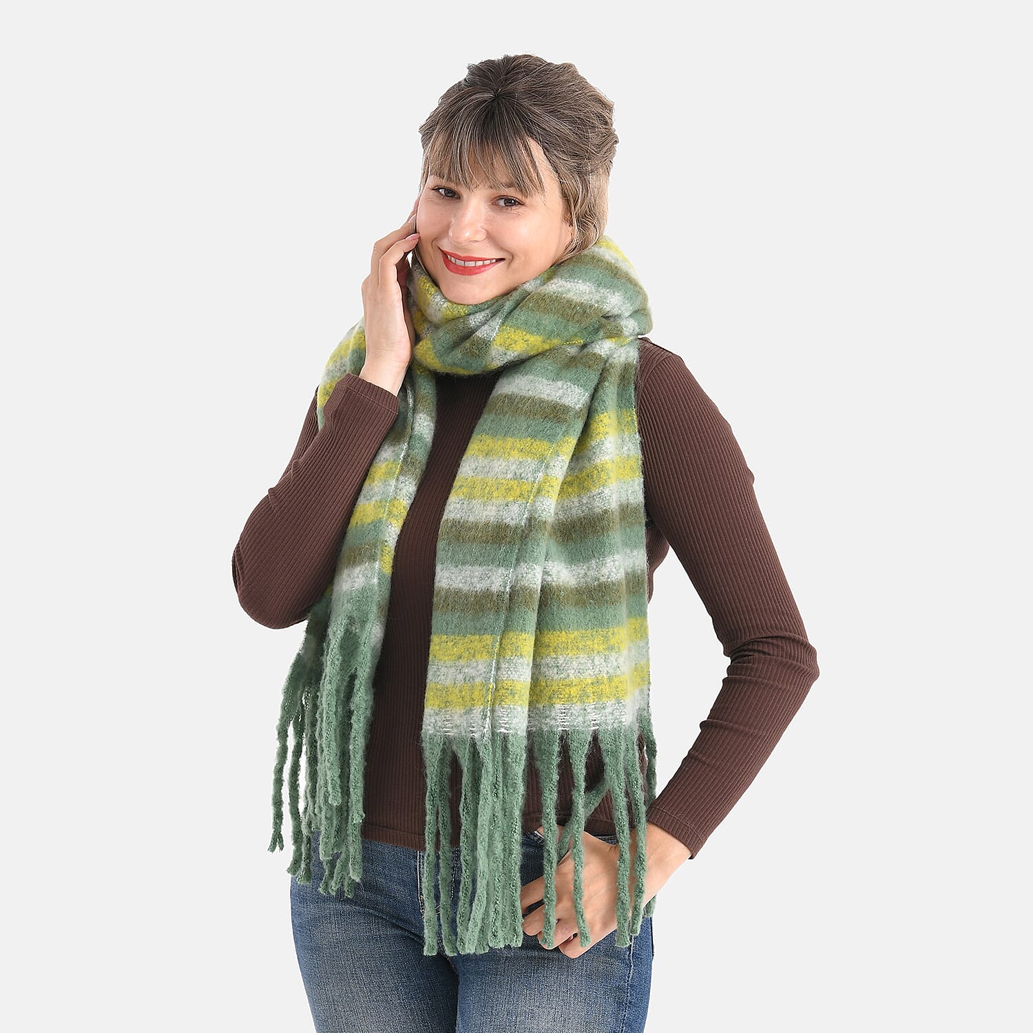 Striped Soft Touch Large Shawl with Tassel (180 x 50 cm) - Green
