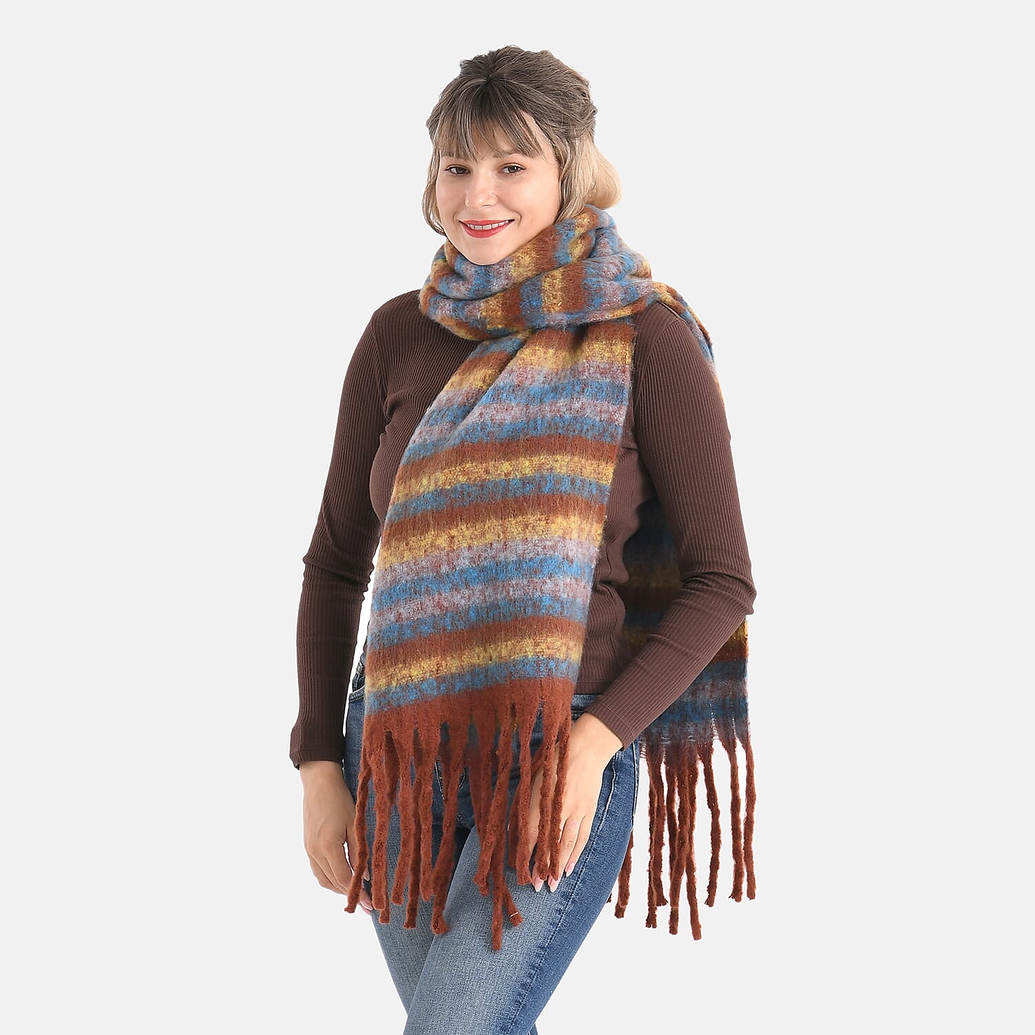 Striped Soft Touch Large Shawl with Tassel (180 x 50 cm) - Multicolour