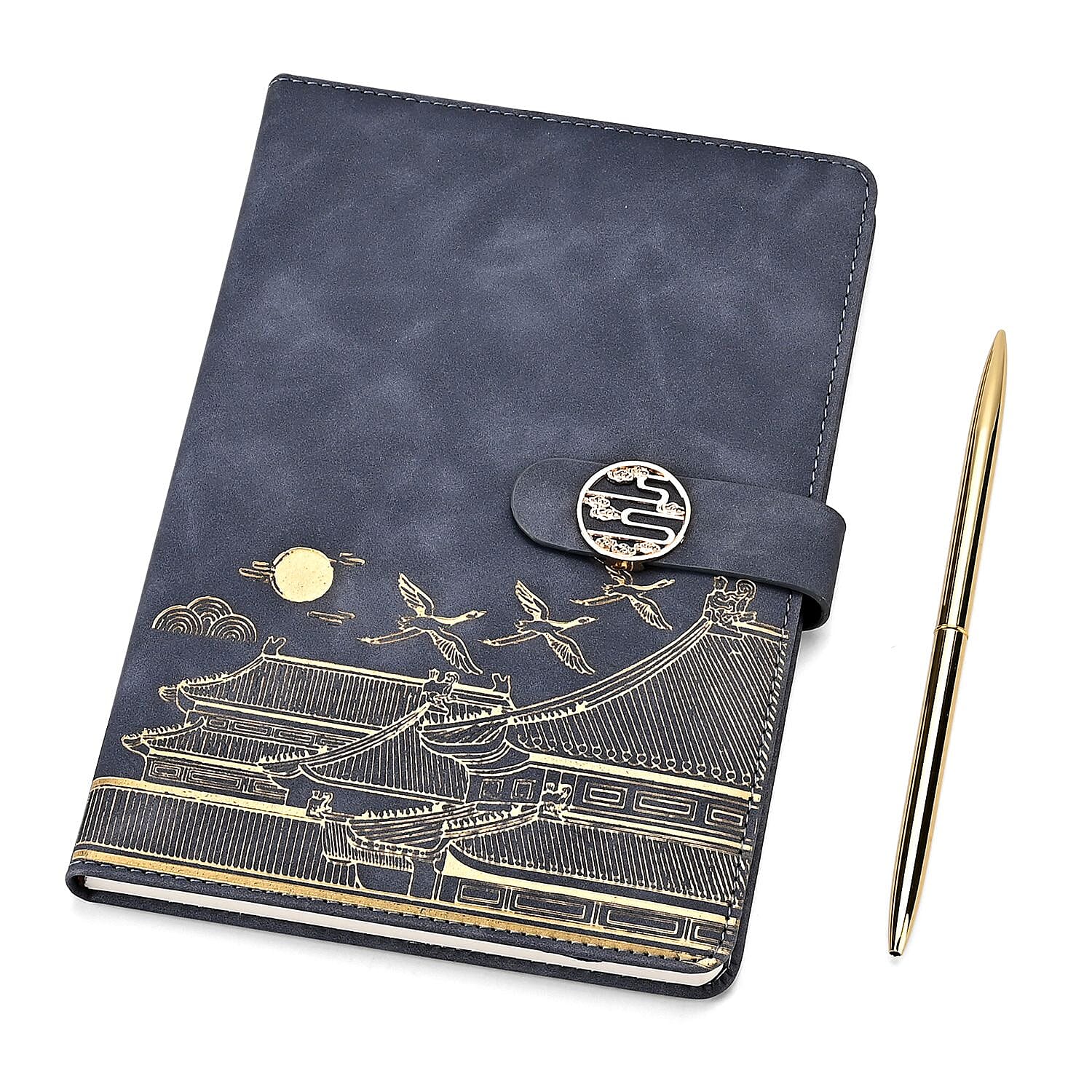Set of 2 A5 Notebook & Black Ink Pen Gift Set - Haze Blue Sky Altar Design with Magnetic Clasp - Grey & Gold