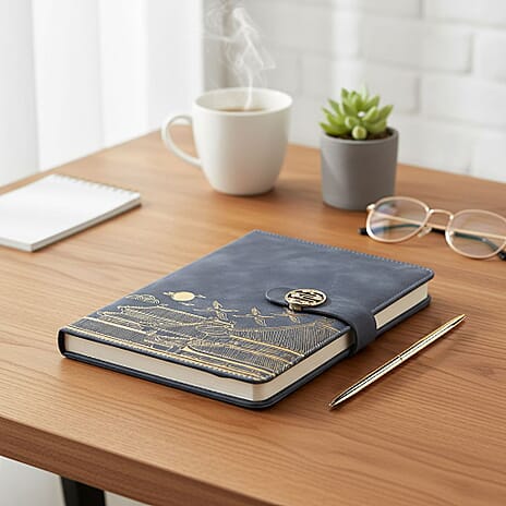 Set of 2 A5 Notebook & Black Ink Pen Gift Set - Haze Blue Sky Altar Design with Magnetic Clasp - Grey & Gold