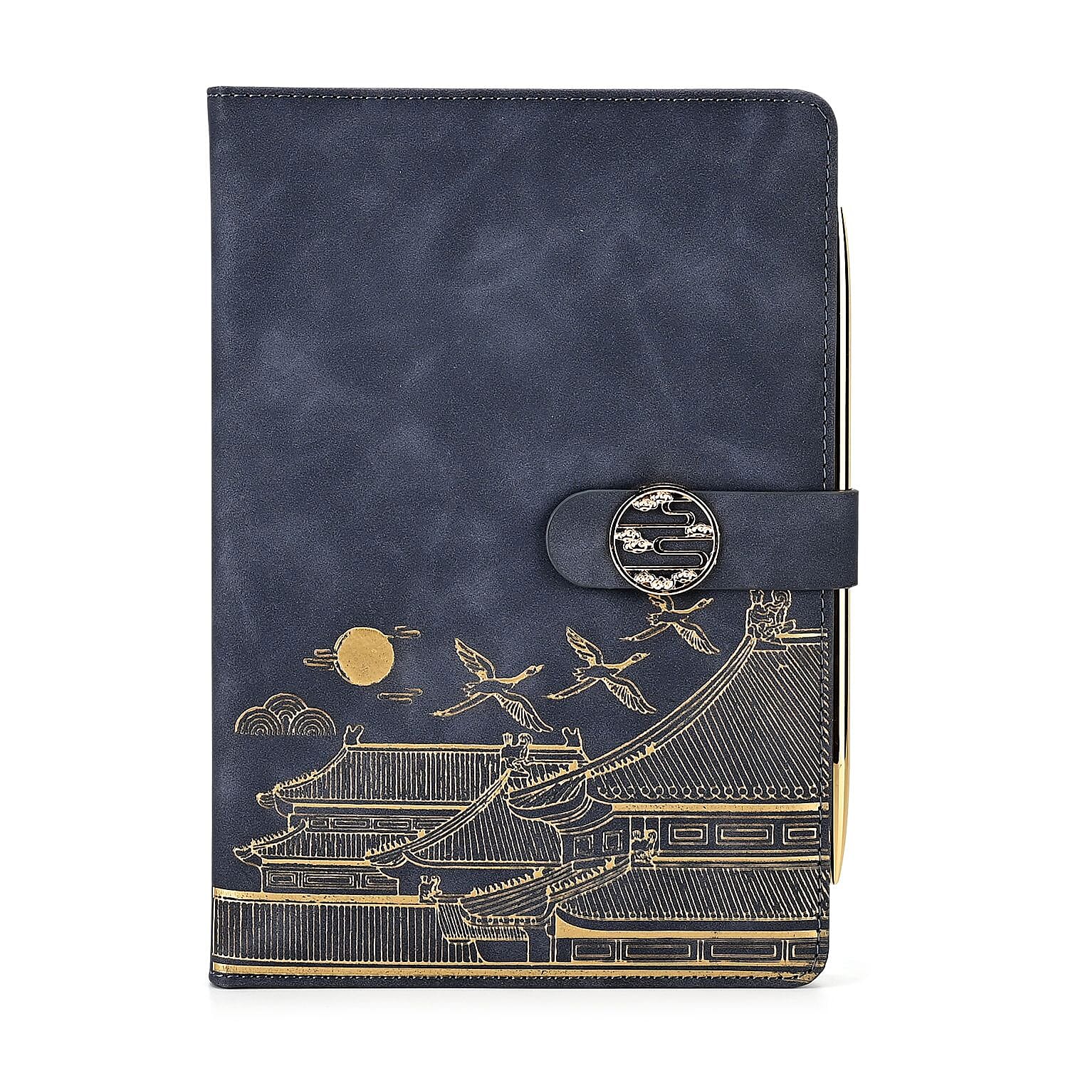 Set of 2 A5 Notebook & Black Ink Pen Gift Set - Haze Blue Sky Altar Design with Magnetic Clasp - Grey & Gold