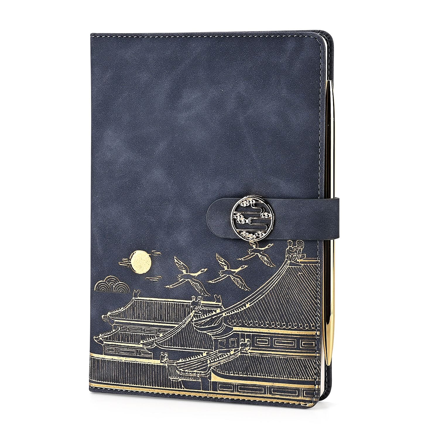 Set of 2 A5 Notebook & Black Ink Pen Gift Set - Haze Blue Sky Altar Design with Magnetic Clasp - Grey & Gold