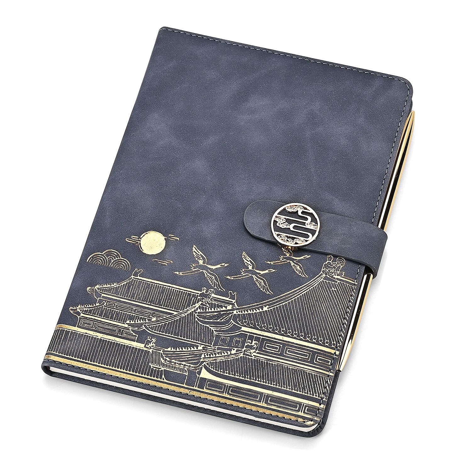 Set of 2 A5 Notebook & Black Ink Pen Gift Set - Haze Blue Sky Altar Design with Magnetic Clasp - Grey & Gold