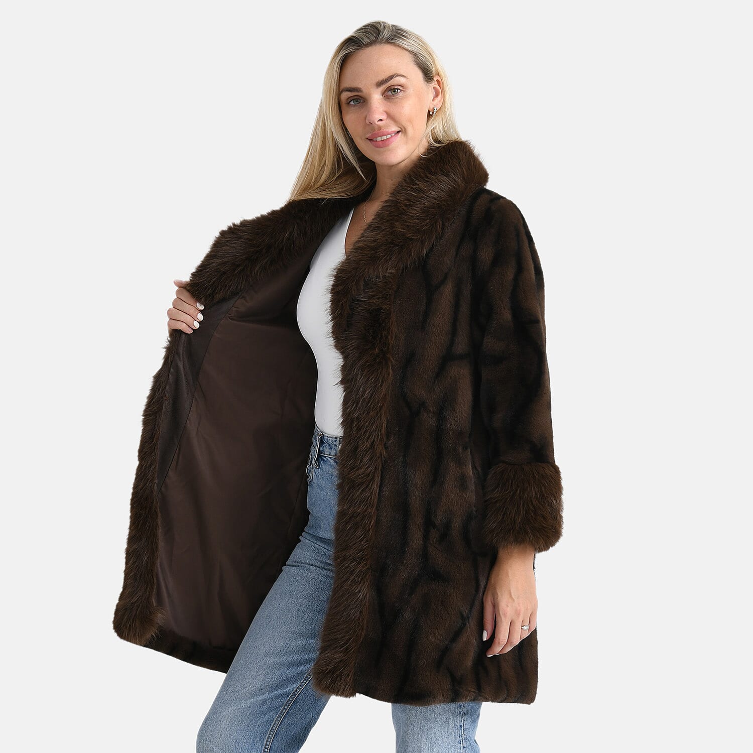 La Marey Signature Leopard Print Faux Fur Longline Coat (Size - L-XL) - Brown