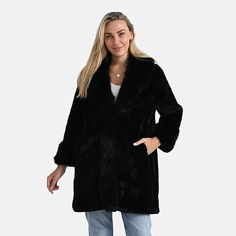 La Marey Signature Faux Fur Longline Coat (Size - L-XL) - Black