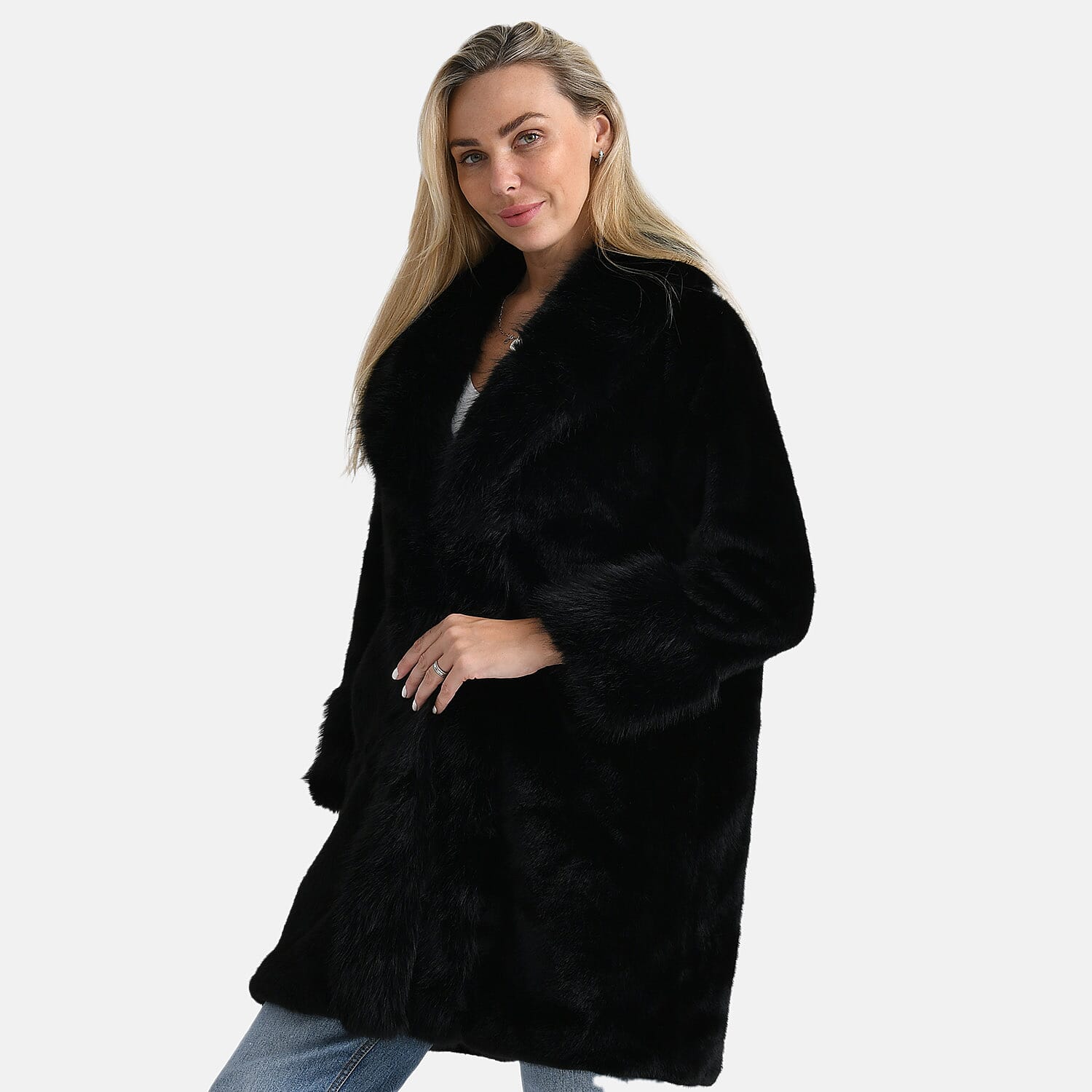 La Marey Signature Faux Fur Longline Coat (Size - S-M) - Black
