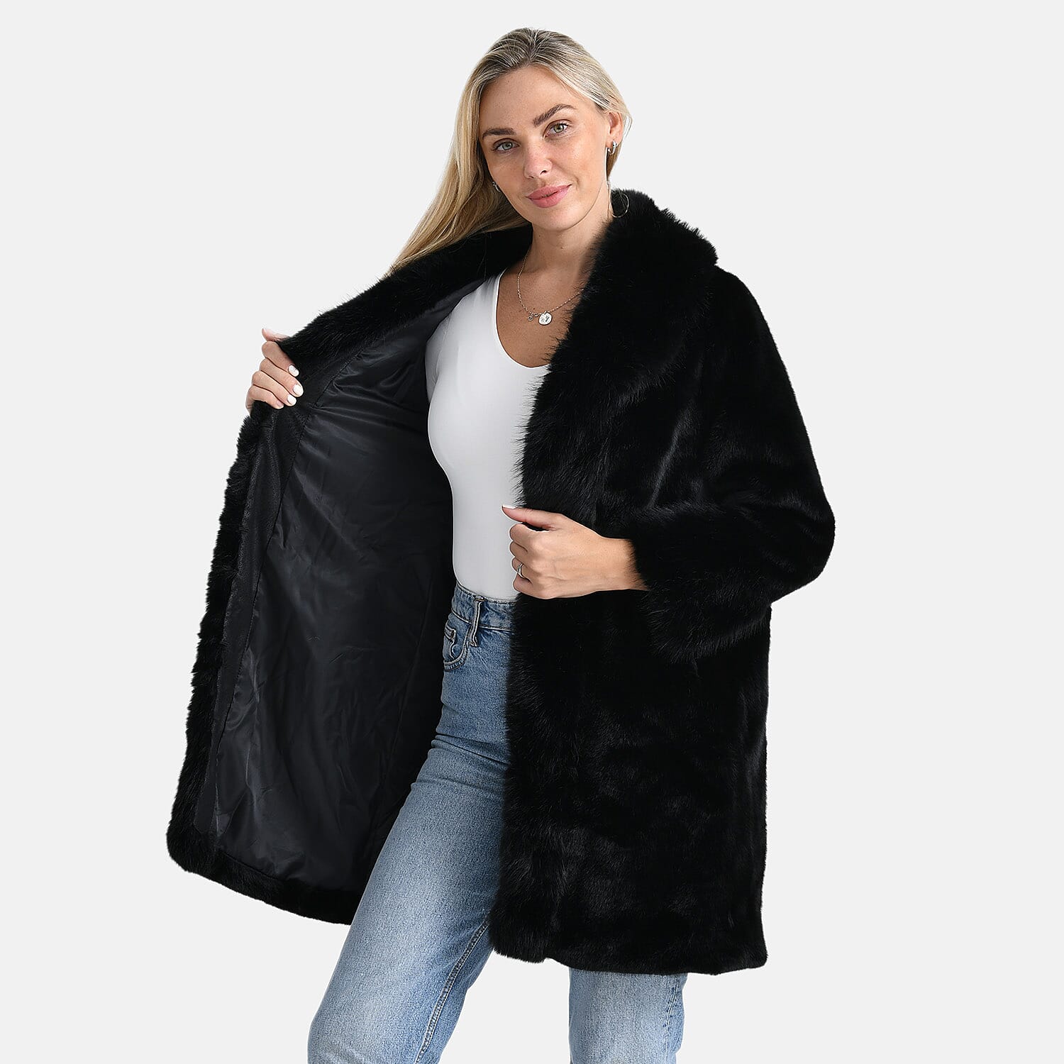La Marey Signature Faux Fur Longline Coat (Size - S-M) - Black