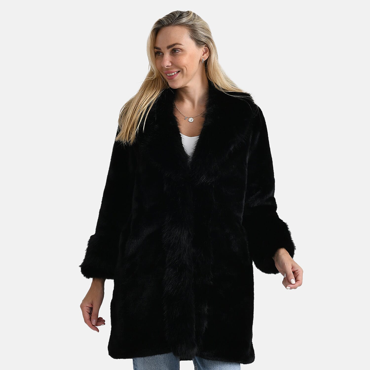 La Marey Signature Faux Fur Longline Coat (Size - S-M) - Black