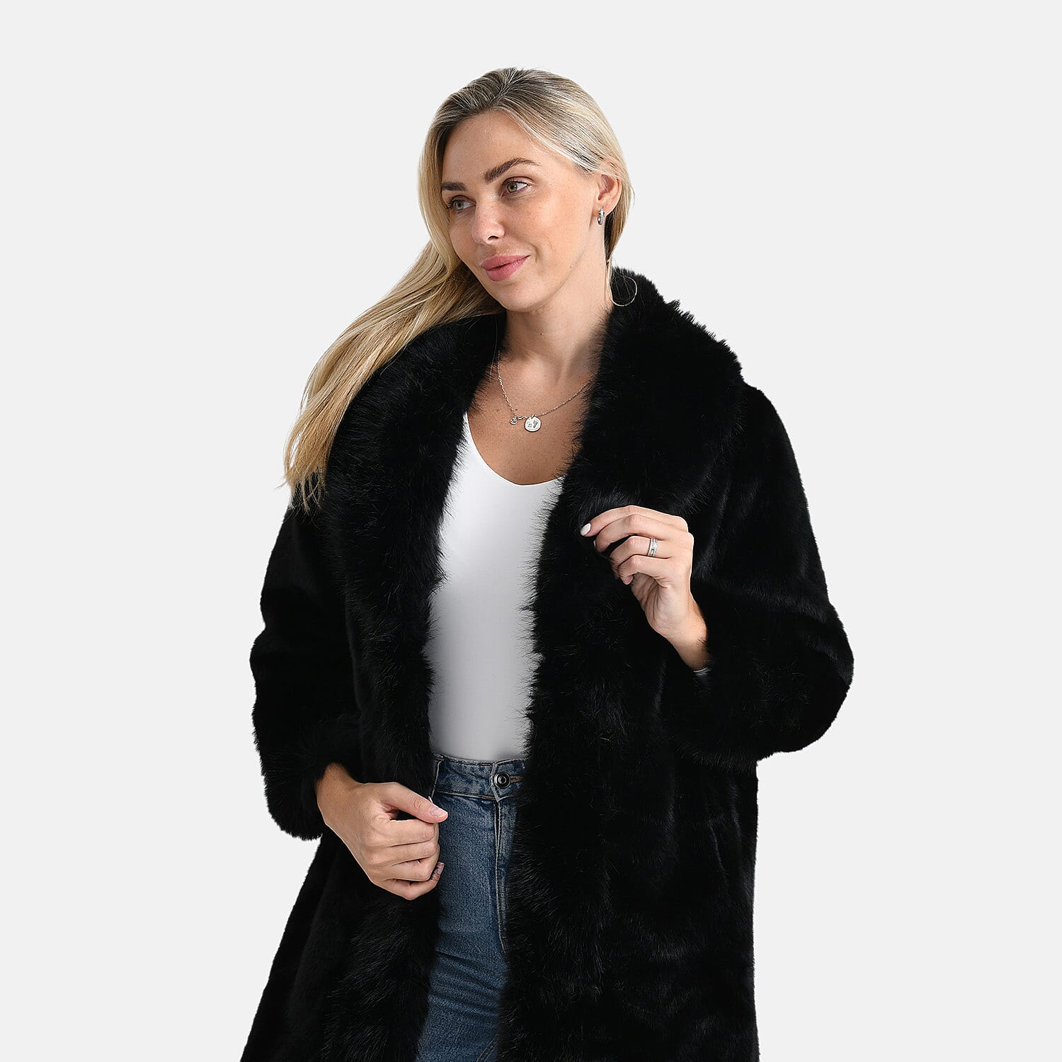 La Marey Signature Faux Fur Longline Coat (Size - S-M) - Black