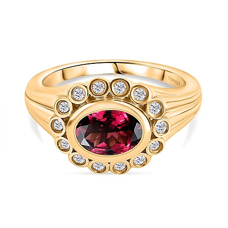 Djoy Rhodolite Garnet & White Zircon Ring in 18K Yelow Gold Plating Sterling Silver 1.84 Ct.