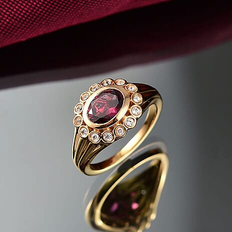 Djoy Rhodolite Garnet & White Zircon Ring in 18K Yelow Gold Plating Sterling Silver 1.84 Ct.