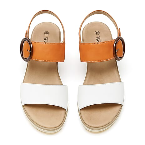 Womens Cork Style Comfort Wedge Sandals with Adjustable Ankle Strap (Size 4) - Orange - White