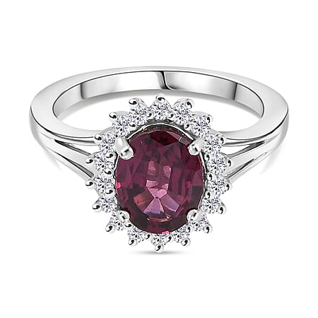 Djoy Rhodolite Garnet, White Zircon Halo Ring in Platinum Overlay Sterling Silver 2.73 Ct.