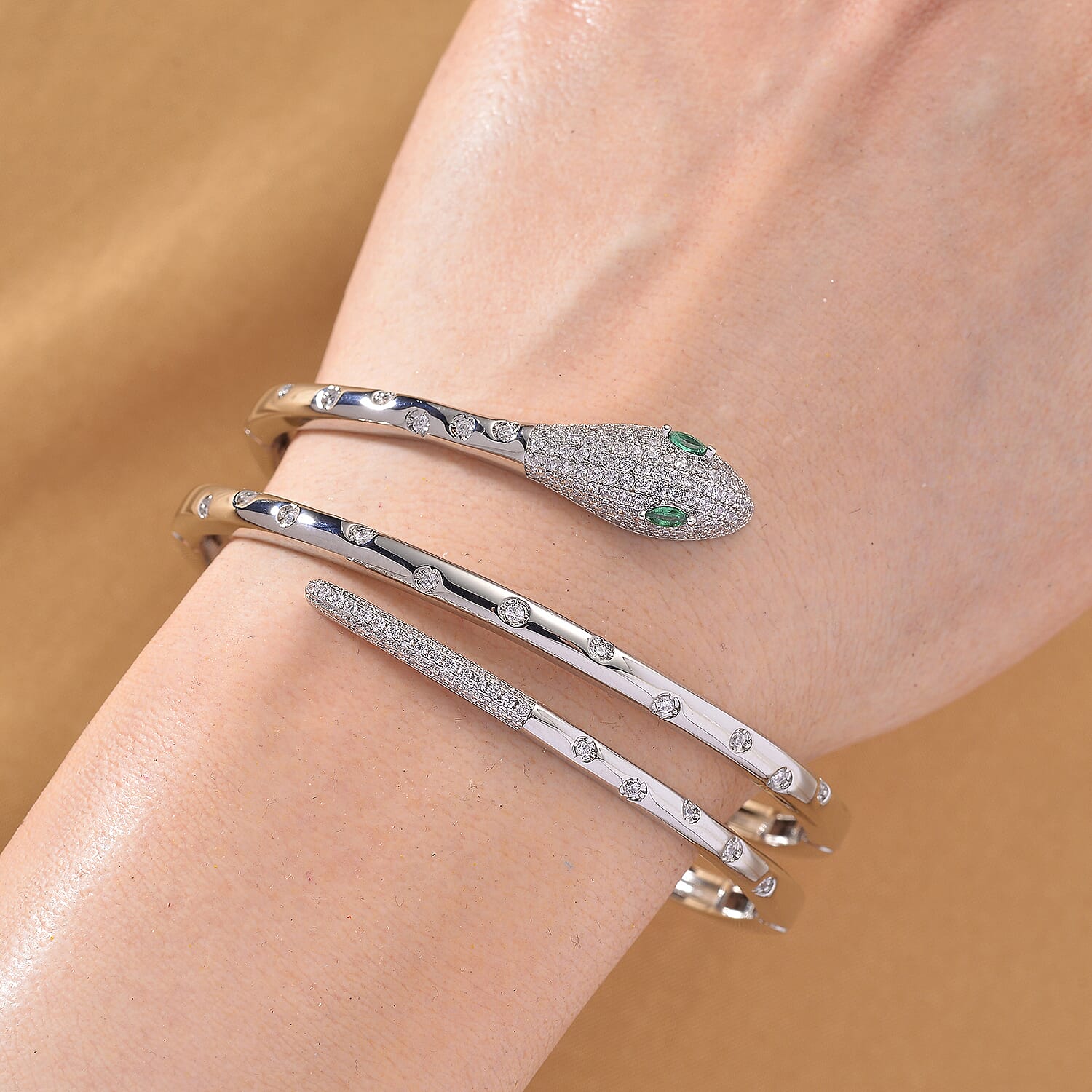 BIGGEST DESIGNER CLOSEOUT - Biacco Collection - Green Cubic Zirconia & White Cubic Zirconia Serpent Bangle (Size 7.5)