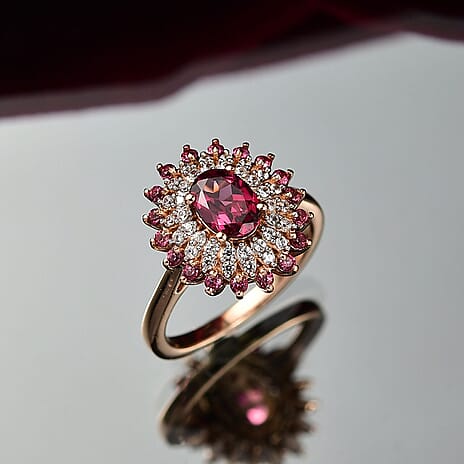 Djoy Orissa  Rhodolite Garnet & White Zircon Ring in 18K Rose Gold Plating Sterling Silver 1.84 Ct.