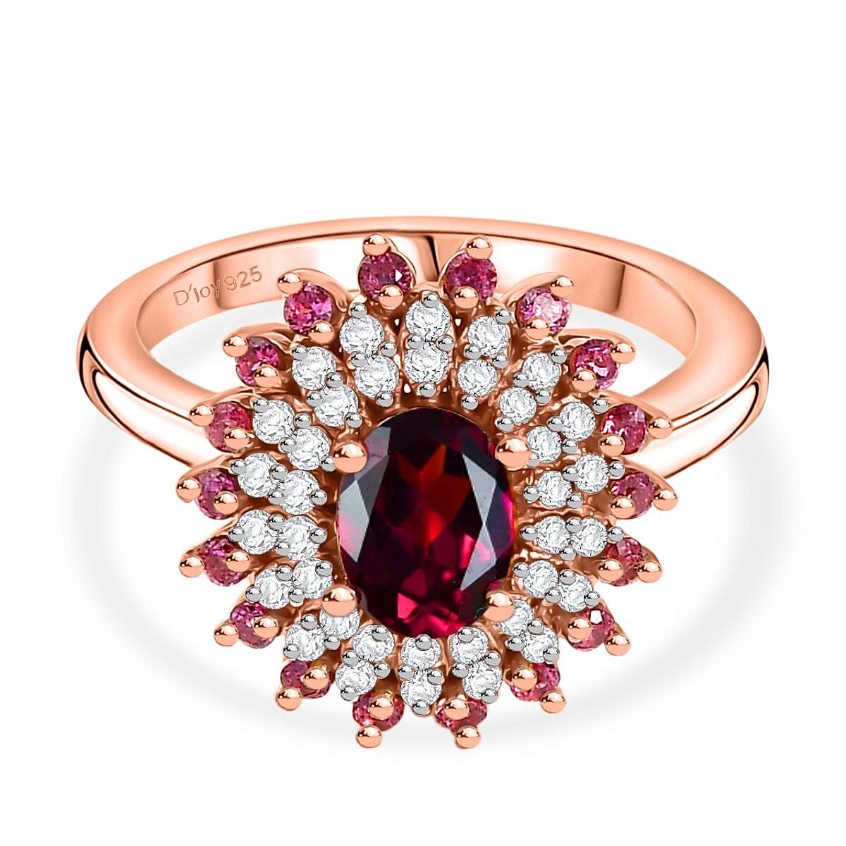 Royal Bali Collection - D'Joy Orissa Rhodolite Garnet & White Zircon Floral Cluster Ring in 18K Vermeil Rose Gold Plated Sterling Silver 1.84 Ct.
