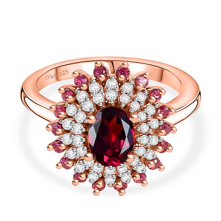 Royal Bali Collection - D'Joy Orissa Rhodolite Garnet & White Zircon Floral Cluster Ring in 18K Vermeil Rose Gold Plated Sterling Silver 1.84 Ct.