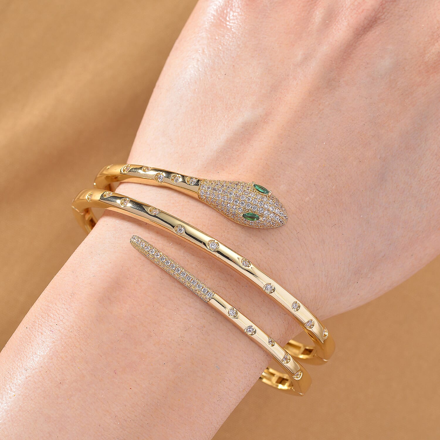 BIGGEST DESIGNER CLOSEOUT - Biacco Collection - Green Cubic Zirconia & White Cubic Zirconia Serpent Bangle (Size 7.5)