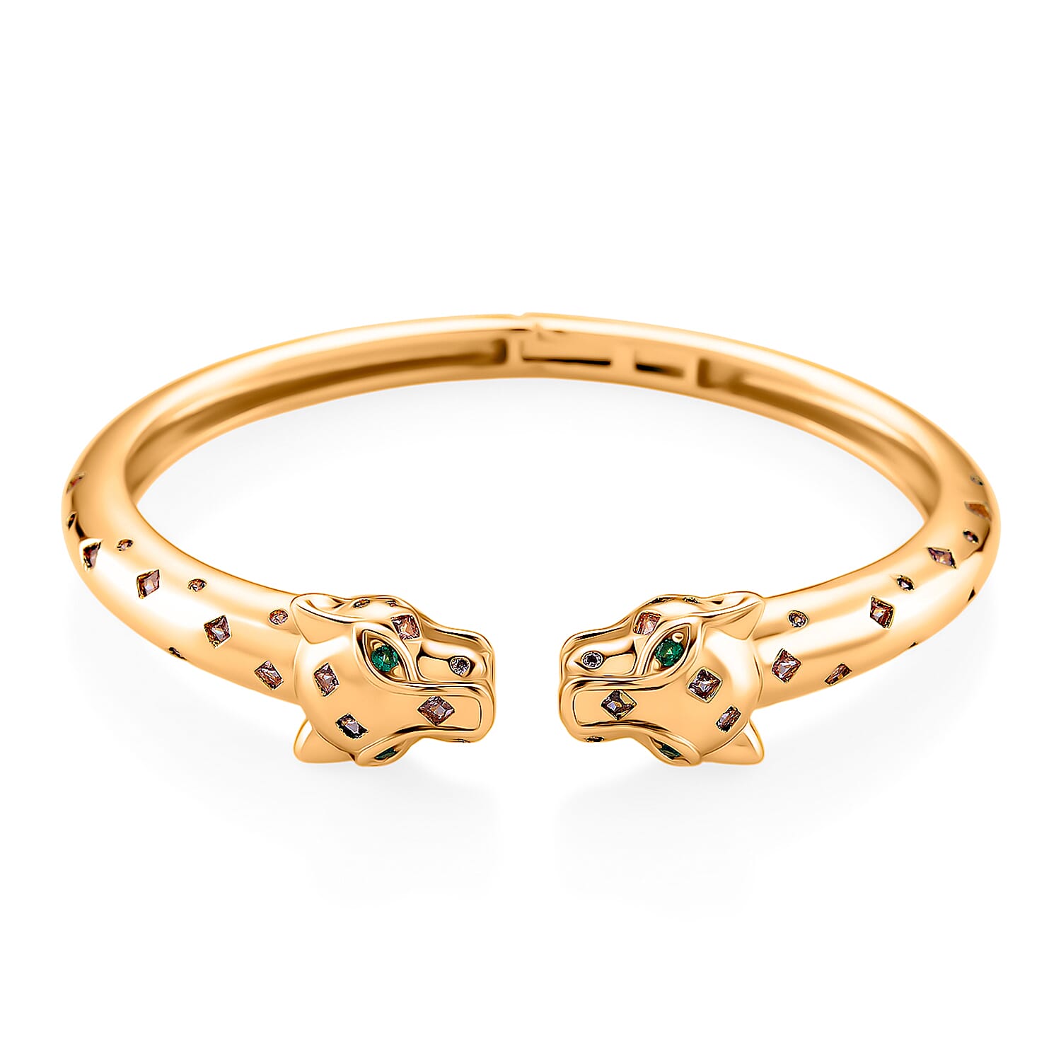 Designer Inspired- Green Cubic Zirconia & Pink Cubic Zirconia Bangle (Size 7.5) in Yellow Gold Plated