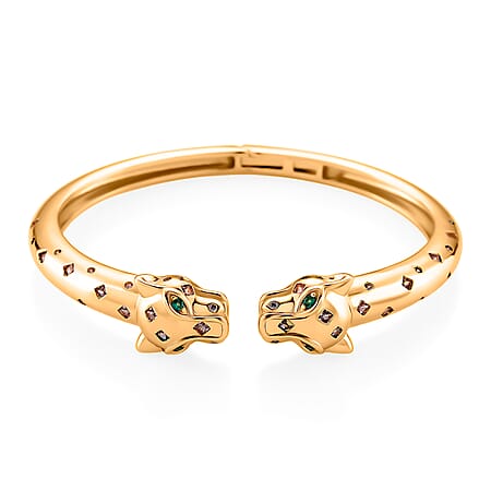Green Cubic Zirconia, Pink Cubic Zirconia Leopard Openable Bangle (Size 7.5) in Yellow Gold Plated
