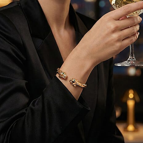 Designer Inspired- Green Cubic Zirconia & Pink Cubic Zirconia Bangle (Size 7.5) in Yellow Gold Plated