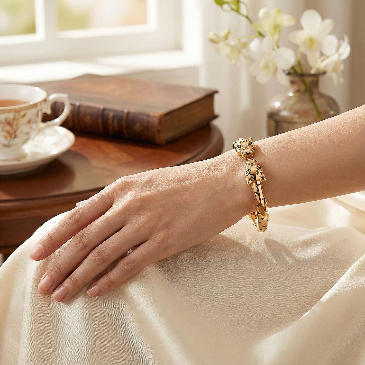 Designer Inspired- Green Cubic Zirconia & Pink Cubic Zirconia Bangle (Size 7.5) in Yellow Gold Plated