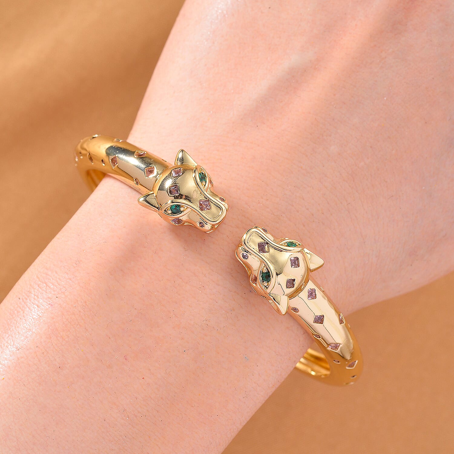 Designer Inspired- Green Cubic Zirconia & Pink Cubic Zirconia Bangle (Size 7.5) in Yellow Gold Plated
