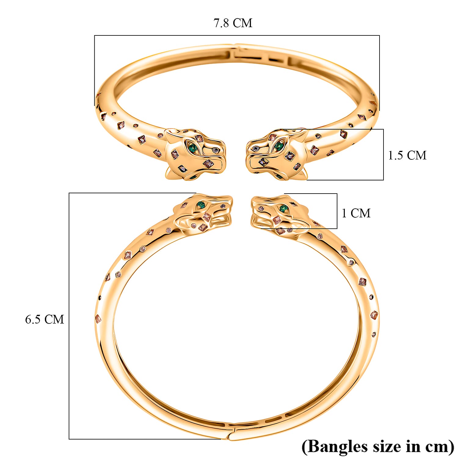 Designer Inspired- Green Cubic Zirconia & Pink Cubic Zirconia Bangle (Size 7.5) in Yellow Gold Plated