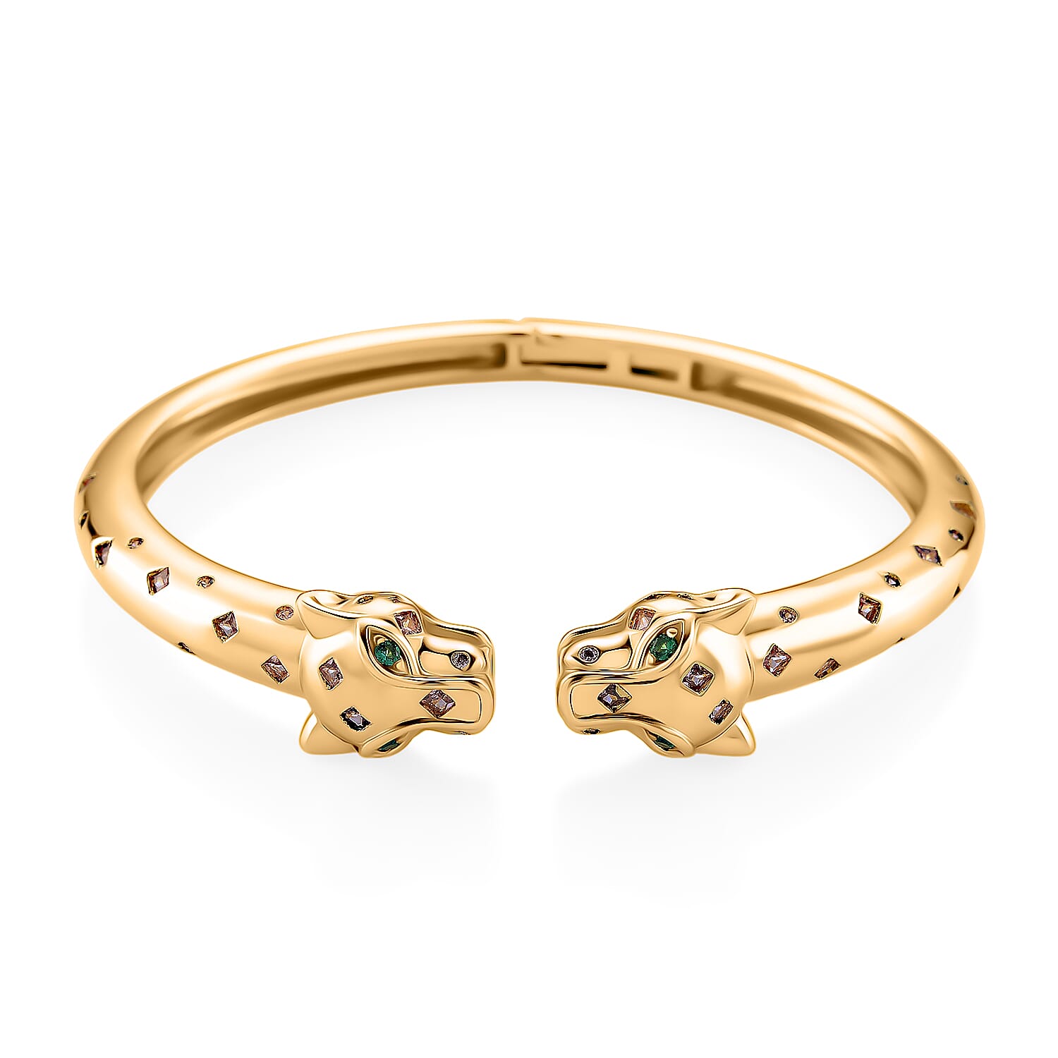Designer Inspired- Green Cubic Zirconia & Pink Cubic Zirconia Bangle (Size 7.5) in Yellow Gold Plated