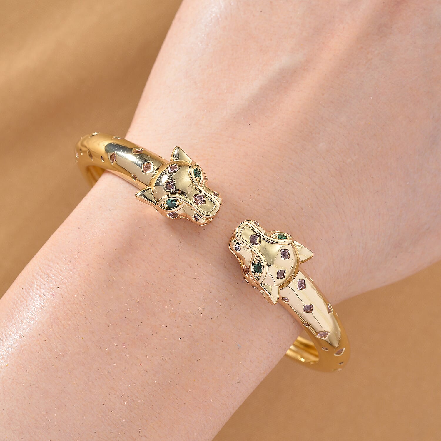 Designer Inspired- Green Cubic Zirconia & Pink Cubic Zirconia Bangle (Size 7.5) in Yellow Gold Plated