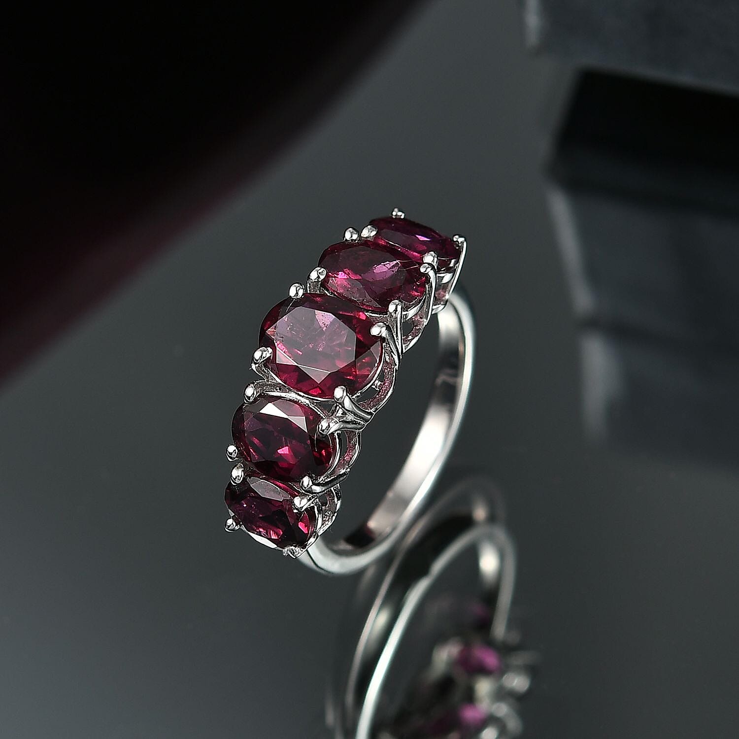 Djoy Rhodolite Garnet 5 Stone Ring in Platinum Overlay Sterling Silver 4.61 Ct.