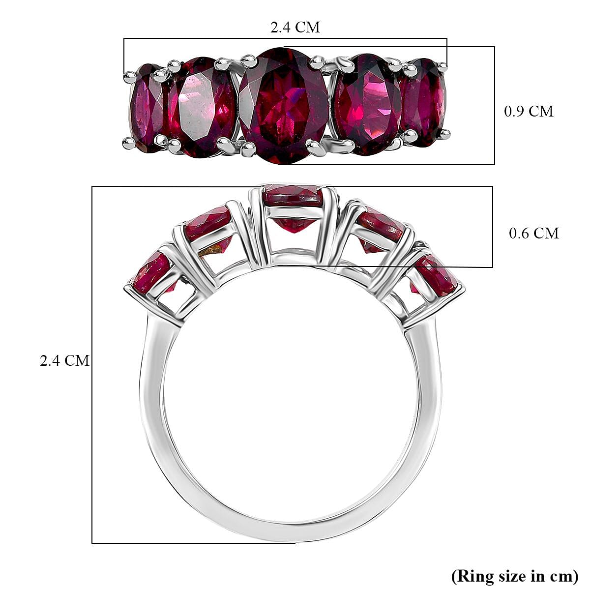 Djoy Rhodolite Garnet 5 Stone Ring in Platinum Overlay Sterling Silver 4.61 Ct.