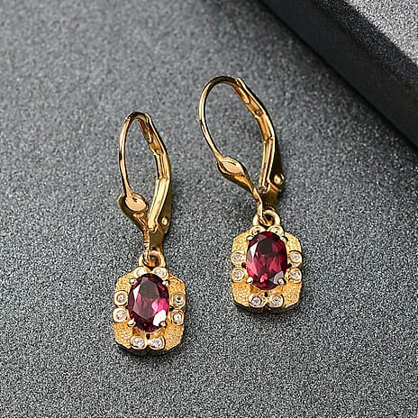 Djoy Orissa Rhodolite Garnet & White Zircon Lever Back Earring in 18K Yellow Gold Plating Sterling Silver 1.30 Ct.