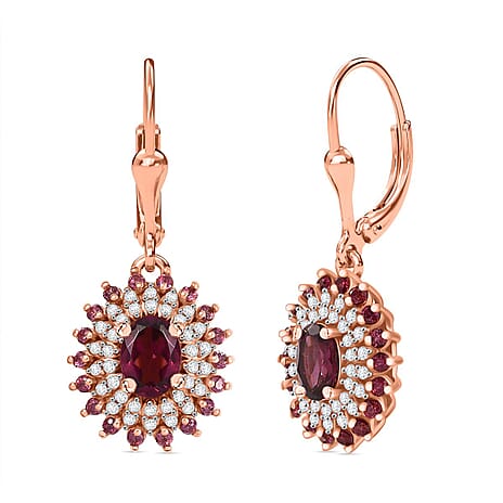 Djoy Orissa Rhodolite Garnet & White Zircon Earring with Lever Back in 18K Rose Gold Plating Sterling Silver 2.45 Ct.