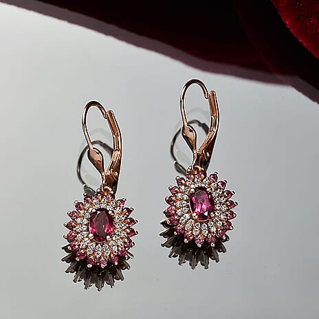 Djoy Orissa Rhodolite Garnet & White Zircon Earring with Lever Back in 18K Rose Gold Plating Sterling Silver 2.45 Ct.