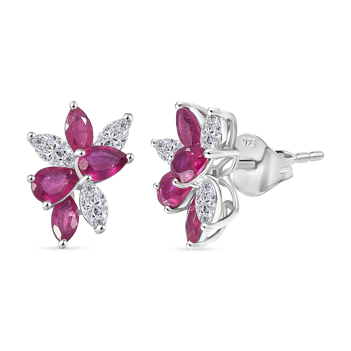 African Ruby & White Zircon Earring in Rhodium Overlay Sterling Silver 1.80 Ct.