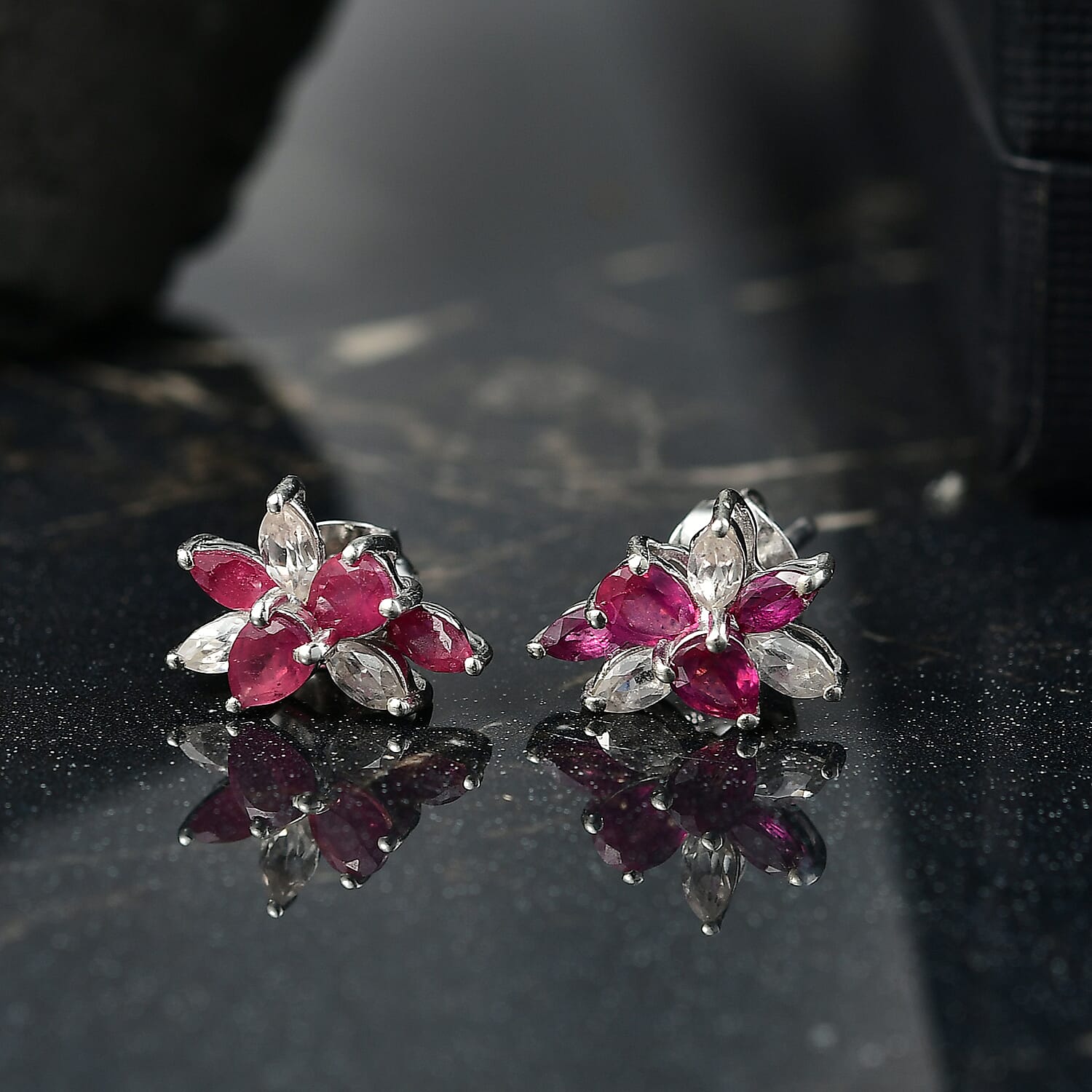 African Ruby & White Zircon Earring in Rhodium Overlay Sterling Silver 1.80 Ct.