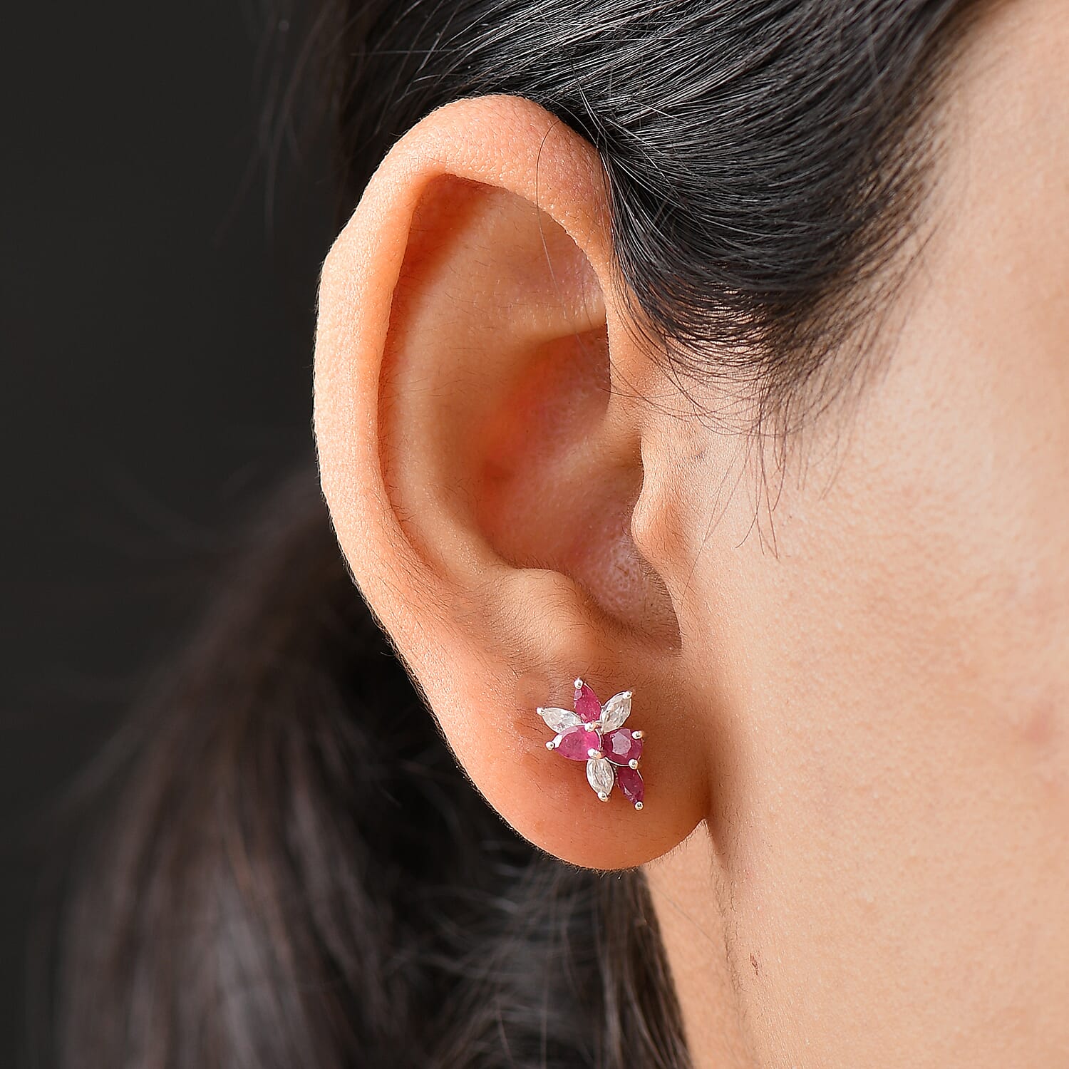 African Ruby & White Zircon Earring in Rhodium Overlay Sterling Silver 1.80 Ct.