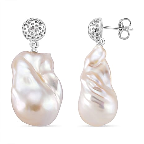 White Baroque Pearl Earrings with Push Back in Rhodium Overlay Sterling Silver 63.31 Ct.