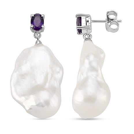 White Baroque Pearl & African Amethyst Earring with Push Back in Rhodium Overlay Sterling Silver 64.71 Ct.