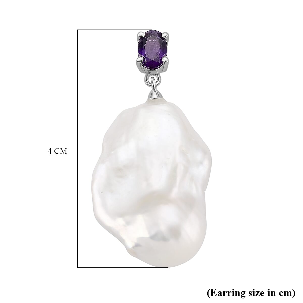 White Baroque Pearl & African Amethyst Earring with Push Back in Rhodium Overlay Sterling Silver 64.71 Ct. White Baroque Pearl & African Amethyst Earring with Push Back in Rhodium Overlay Sterling Silver 64.71 Ct.