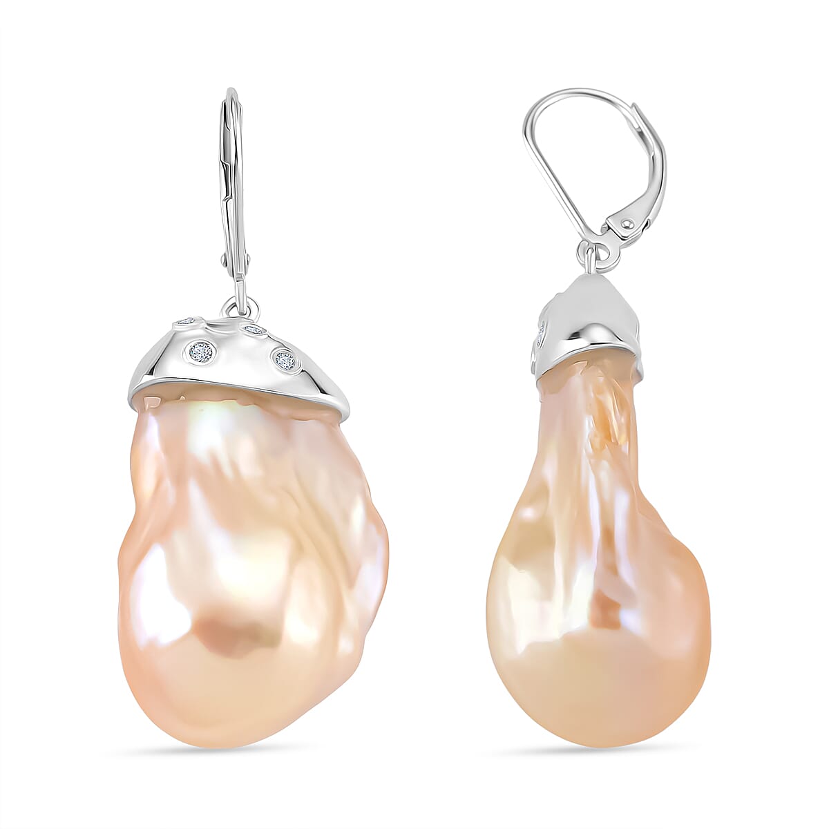 Peach Baroque Pearl & White Zircon Earring with Lever Back in Rhodium Overlay Sterling Silver 70.41 Ct.