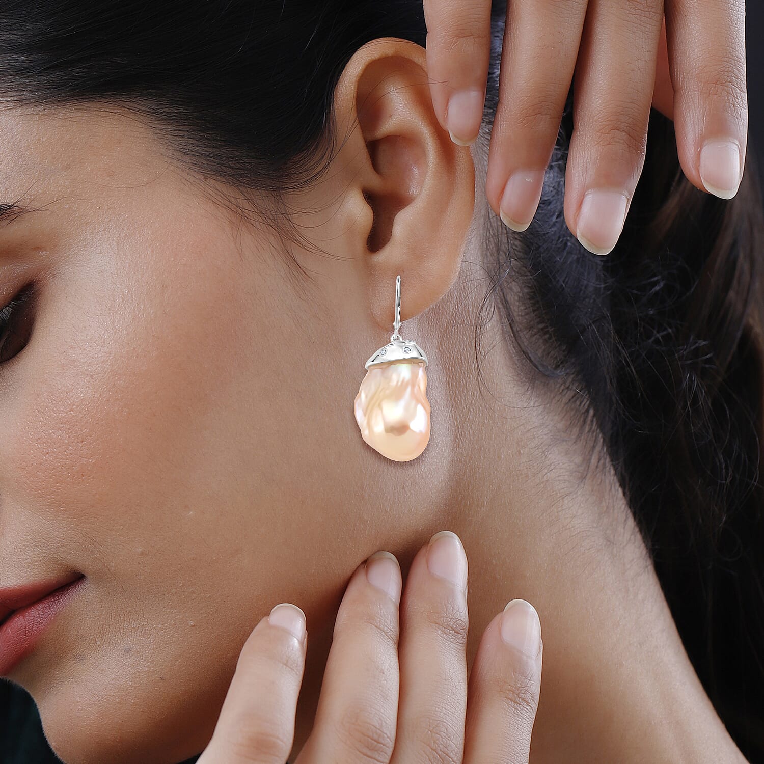Peach Baroque Pearl & White Zircon Earring with Lever Back in Rhodium Overlay Sterling Silver 70.41 Ct.